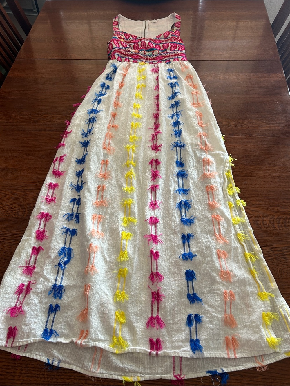 En Creme White Maxi Skirt with Multicolor Embroidered Tassel Stripes